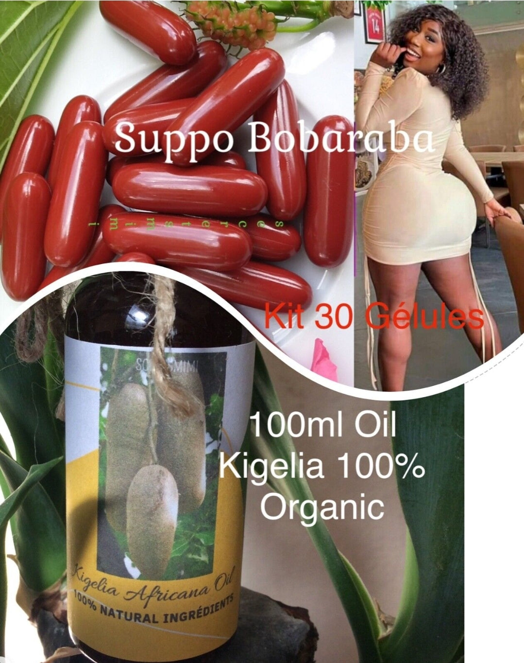 Kit GROSSES FESSIERS SUPPOSITOIRE ET 100ML HUILES KIGELIA AFRICANA PODWER